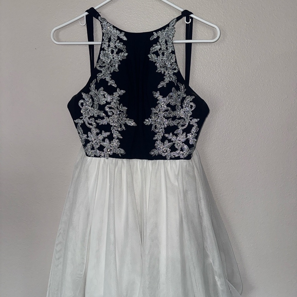 Elegant Black and White Dress with Silver Embroidery
